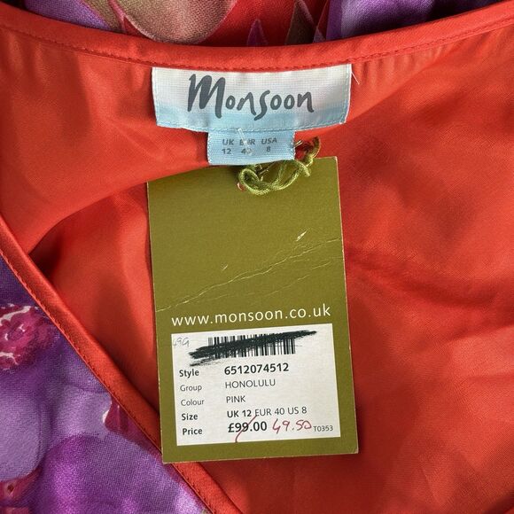 Monsoon Silk Blend Slip Dress US 8 UK 10 Pink Red Floral Maxi Bias Cut Romantic - Picture 11 of 12